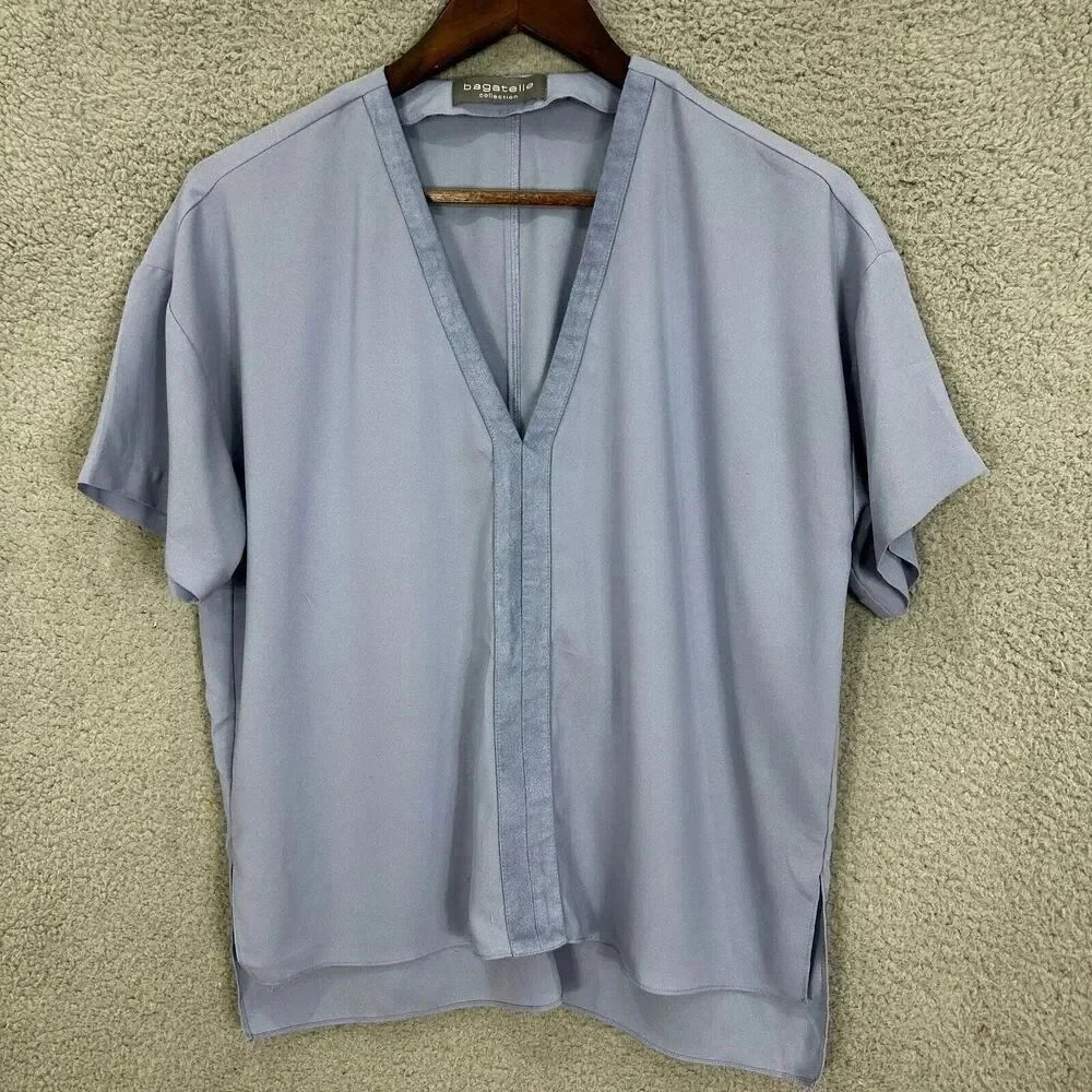 Bagatelle top womens small blue faux suede accent v neck boxy‎ flowy casual